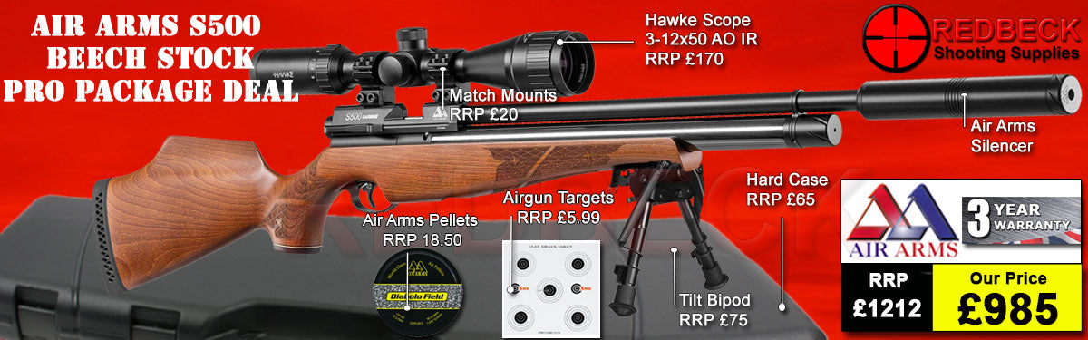 The Air Arms S500 with beech stock Professional air rifle package deal. The package deal comes with an Air Arms Silencer, Hawke 3-12x50 AO IR Scope, Match Mounts, Hard Case, Bipod Adapter and Tilt Bipod.