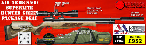 The Air Arms S500 Superlite Hunter Green Bag package deal includes s500 superlite in hunter green, hawke 2-12x50 ao ir scope, match mounts, air arms silencer, airgun bag, pellets and targets.