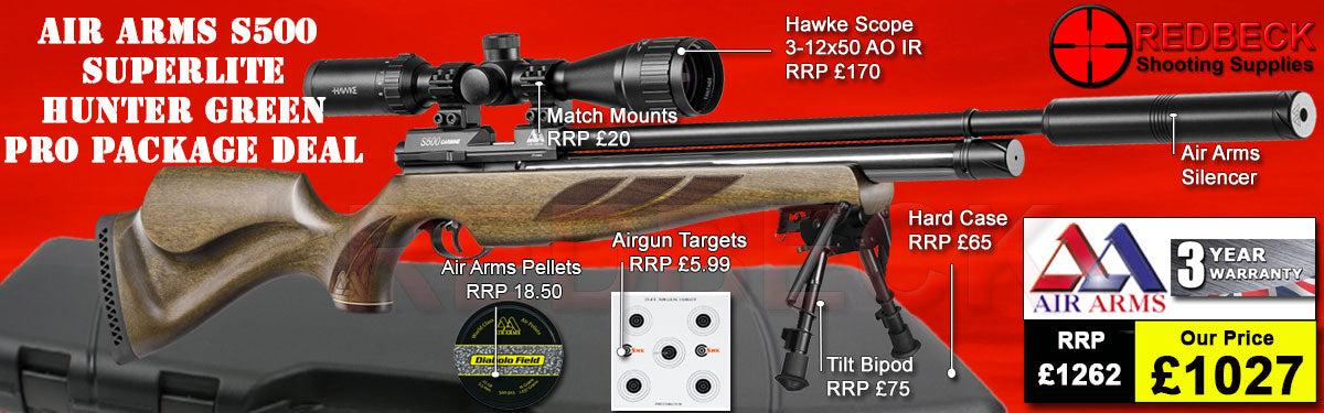 The Air Arms S500 Superlite Hunter Green Professional air rifle package deal. The package deal comes with an Air Arms Silencer, Hawke 3-12x50 AO IR Scope, Match Mounts, Hard Case, Bipod Adapter and Tilt Bipod