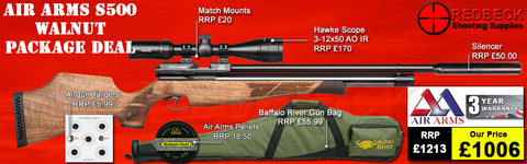 The Air Arms S500 Walnut Bag package deal includes S500 with walnut sporter stock, hawke 2-12x50 ao ir scope, match mounts, air arms silencer, airgun bag, pellets and targets.