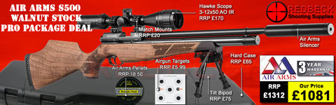 The Air Arms S500 with walnut stock Professional air rifle package deal. The package deal comes with an Air Arms Silencer, Hawke 3-12x50 AO IR Scope, Match Mounts, Hard Case, Bipod Adapter and Tilt Bipod.