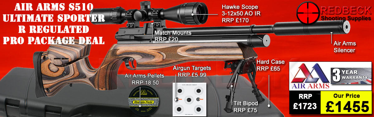 Air Arms s510 R ultimate sporter regulated with laminate stock. This Air Rifle package deal includes Hawke scope 3-12x50AO IR, match mounts airgun hardcase, bipod targets and pellets.