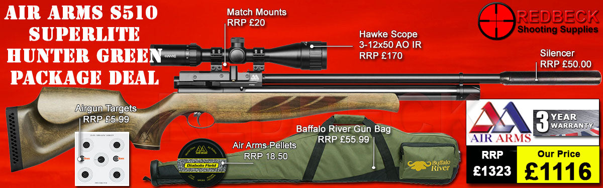 The Air Arms S510 Superlite Hunter Green Bag package deal includes s510 superlite in hunter green, hawke 2-12x50 ao ir scope, match mounts, air arms silencer, airgun bag, pellets and targets.