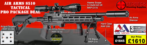 Air Arms S510T Tactical Regulated Professional Air Rifle package deal includes Hawke scope 3-12x50AO IR, match mounts, tactical hardcase and pellets.