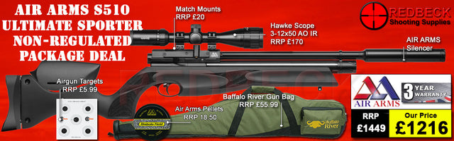 Air Arms S510 Ultimate Sporter non regulated with black stock package deal includes a Air Arms Silencer, Hawke 3-12x50 AO IR Scope, Match Mounts, Fill Valve, Pellets, Targets and Air Rifle Bag.