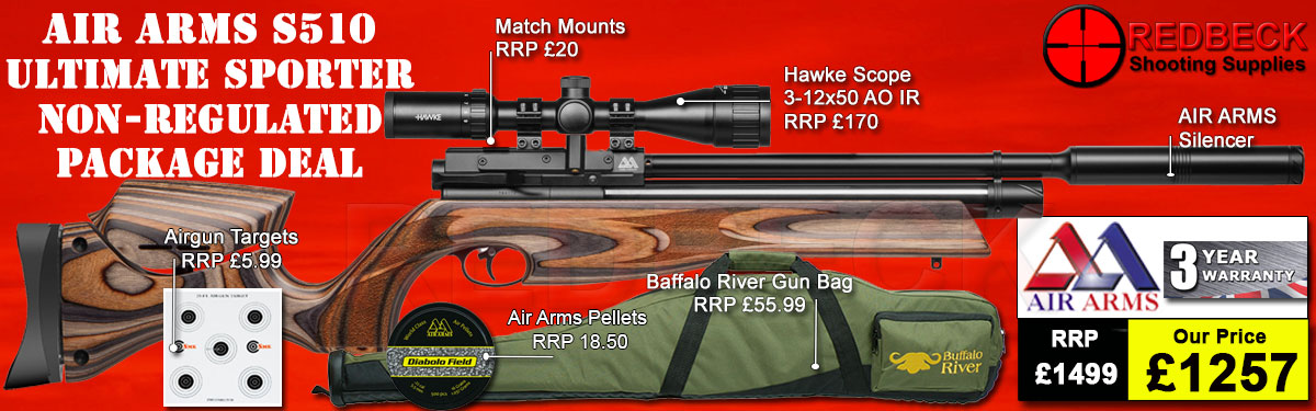 Air Arms S510 Ultimate Sporter non regulated in laminate stockpackage deal includes a Air Arms Silencer, Hawke 3-12x50 AO IR Scope, Match Mounts, Fill Valve, Pellets, Targets and Air Rifle Bag.