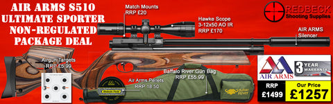 Air Arms S510 Ultimate Sporter non regulated in laminate stockpackage deal includes a Air Arms Silencer, Hawke 3-12x50 AO IR Scope, Match Mounts, Fill Valve, Pellets, Targets and Air Rifle Bag.
