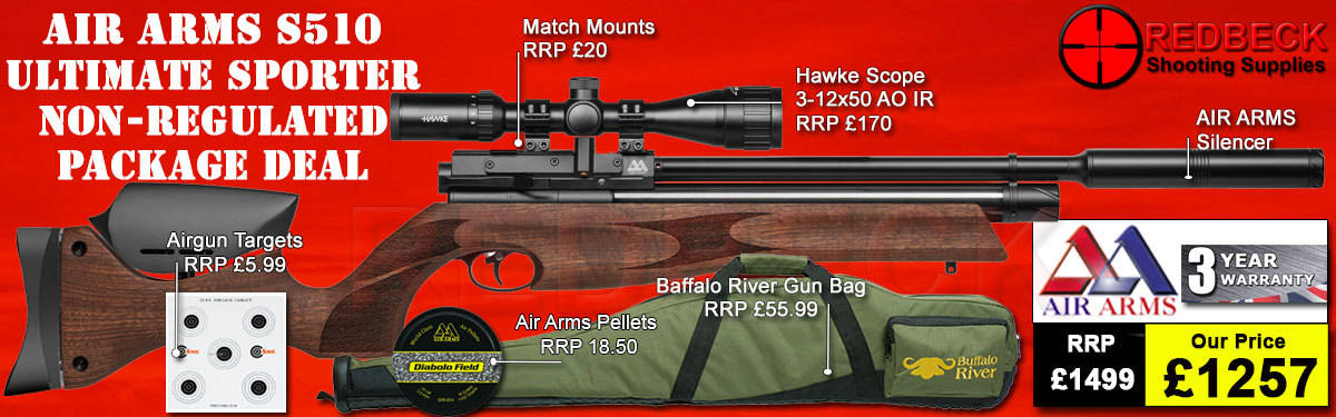 Air Arms S510 Ultimate Sporter non regulated in walnut package deal includes a Air Arms Silencer, Hawke 3-12x50 AO IR Scope, Match Mounts, Fill Valve, Pellets, Targets and Air Rifle Bag.