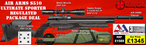 Air Arms S510 R Ultimate Sporter Regulated package deal includes a Air Arms Silencer, Hawke 3-12x50 AO IR Scope, Match Mounts, Fill Valve, Pellets, Targets and Air Rifle Bag.