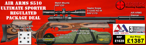 Air Arms S510 R Regulated laminate stock package deal includes a Air Arms Silencer, Hawke 3-12x50 AO IR Scope, Match Mounts, Fill Valve, Pellets, Targets and Air Rifle Bag.
