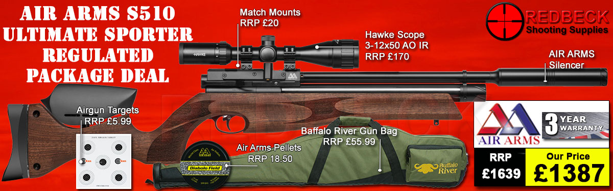 Air Arms S510 R Regulated walnut stock package deal includes a Air Arms Silencer, Hawke 3-12x50 AO IR Scope, Match Mounts, Fill Valve, Pellets, Targets and Air Rifle Bag.