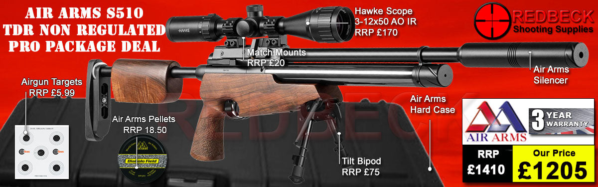 Air Arms S510 TDR Non Regulated Walnut Professional Hardcase and Bipod Package Deal. Includes S510 TDR Non REGULATED WALNUT WITH HAWKE 3-12X50 SCOPE, MATCH MOUNTS, BIPOD SILENCER, HARDCASE AND PELLETS.