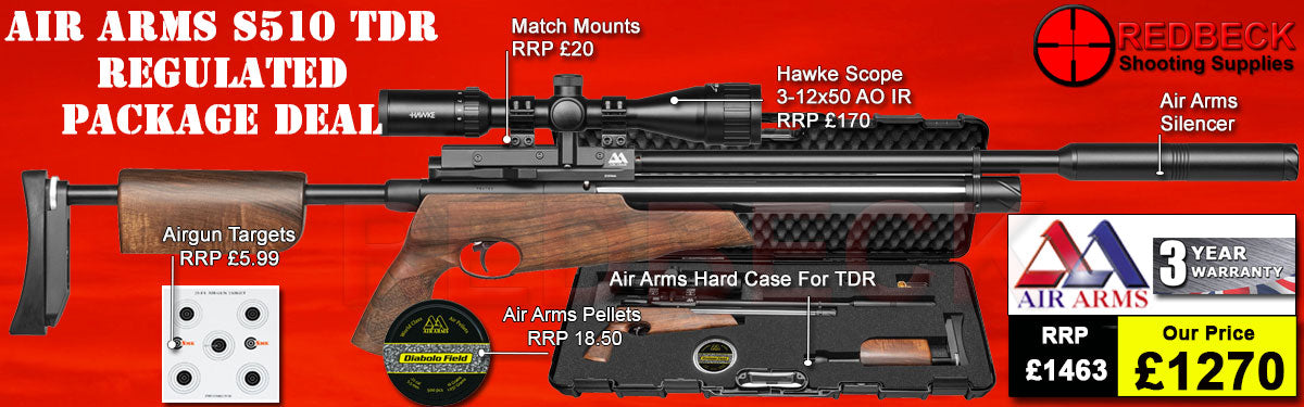Air Arms S510 R Regulated TDR Take Down Rifle with Walnut Stock. This Air Rifle package deal includes Hawke scope 3-12x50AO IR, match mounts targets and pellets.