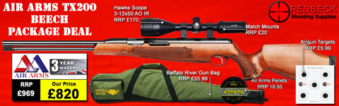 Air Arms TX200 Full Length with Beech stock package deal includes a Air Arms Silencer, Hawke 3-12x50 AO IR Scope, Match Mounts, Fill Valve, Pellets, Targets and Air Rifle Bag.