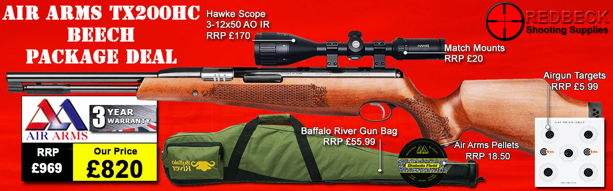 Air Arms TX200HC Hunter Carbine with Beech stock package deal includes a Air Arms Silencer, Hawke 3-12x50 AO IR Scope, Match Mounts, Fill Valve, Pellets, Targets and Air Rifle Bag.