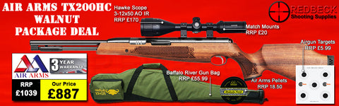 AIR ARMS TX200HC HUNTER CARBINE WITH WALNUT STOCK BAG PACKAGE DEAL. THIS DEALS INCLUDES TX200HC WALNUT, HAWKE 2-12X50 AO IR SCOPE, MOUNTS, AIRGUN BAG, PELLETS AND TARGETS.