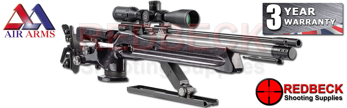 The Air Arms XTi-50 HFT Hunter Field Target air rifle is a purpose-designed, ultra-high specification, Hunter Field Target competition airgun. Shown here in an angled view with black laminate stock.