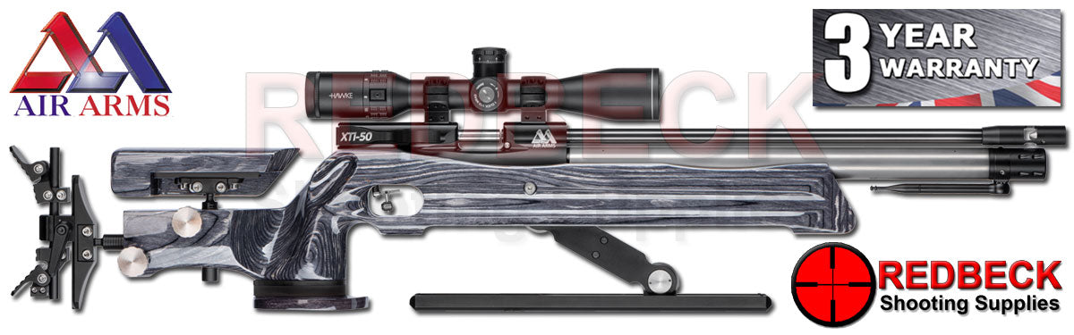 The Air Arms XTi-50 HFT Hunter Field Target air rifle is a purpose-designed, ultra-high specification, Hunter Field Target competition airgun. Shown here in an right hand view with grey laminate stock.
